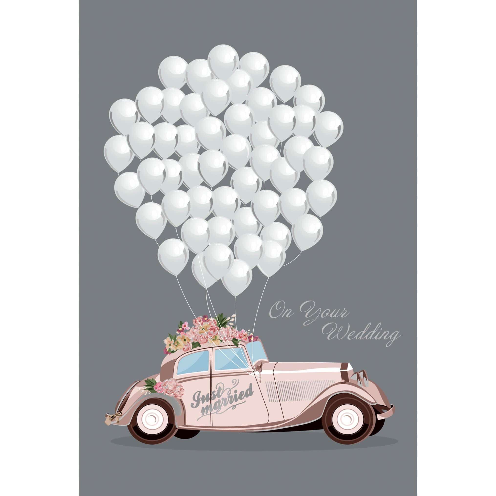 Pictura Just Married balloons wedding card with colorful balloon illustrations for celebrating a wedding day.